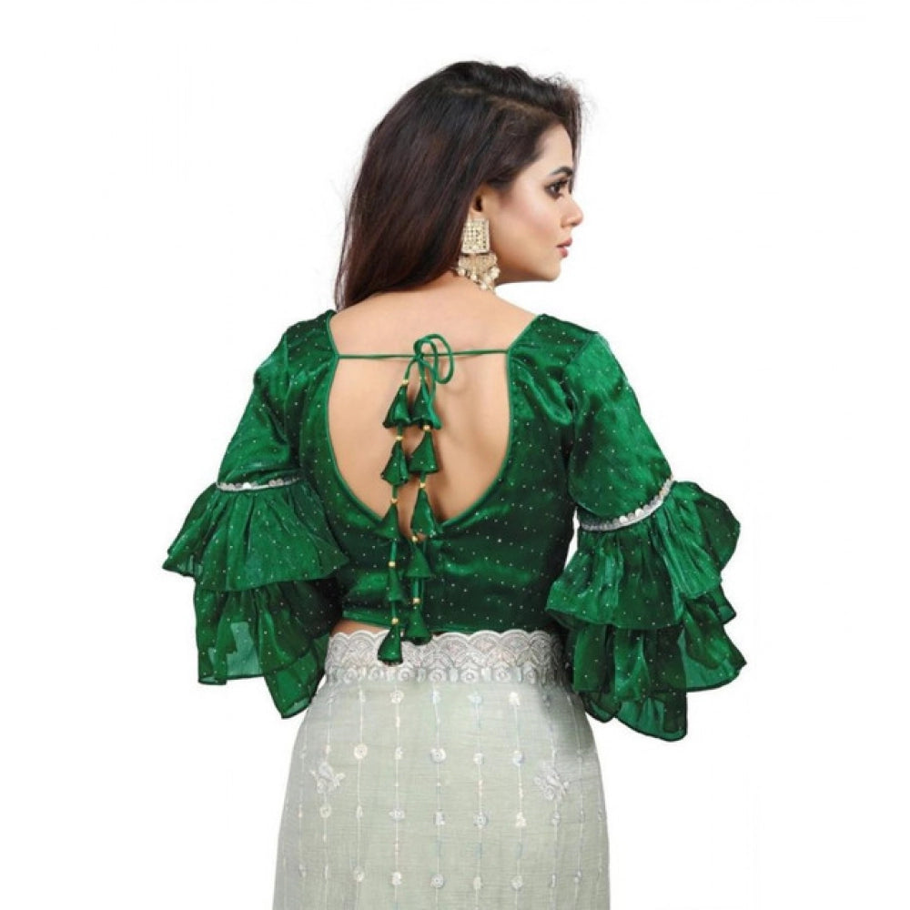 Amfyn Women's Organza Solid V Neck Layered Ruffle Sleeve Readymade Blouse (Green Free Size , up to 38–40 Bust)-PID65850