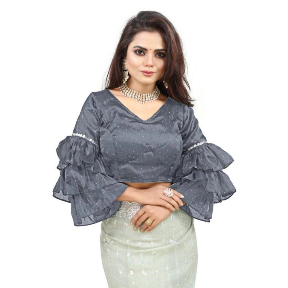 Amfyn Women's Organza Solid V Neck Layered Ruffle Sleeve Readymade Blouse (Grey Free Size , up to 38–40 Bust)-PID65851