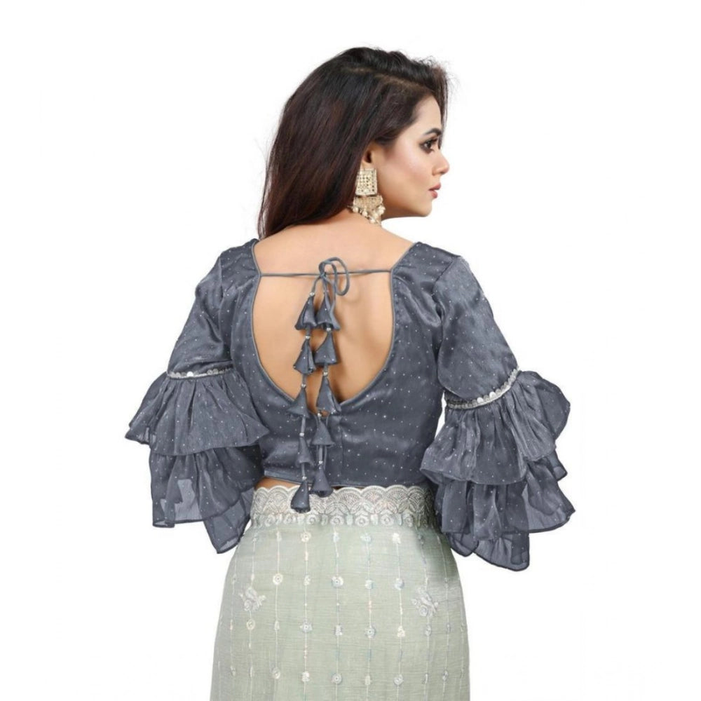 Amfyn Women's Organza Solid V Neck Layered Ruffle Sleeve Readymade Blouse (Grey Free Size , up to 38–40 Bust)-PID65851