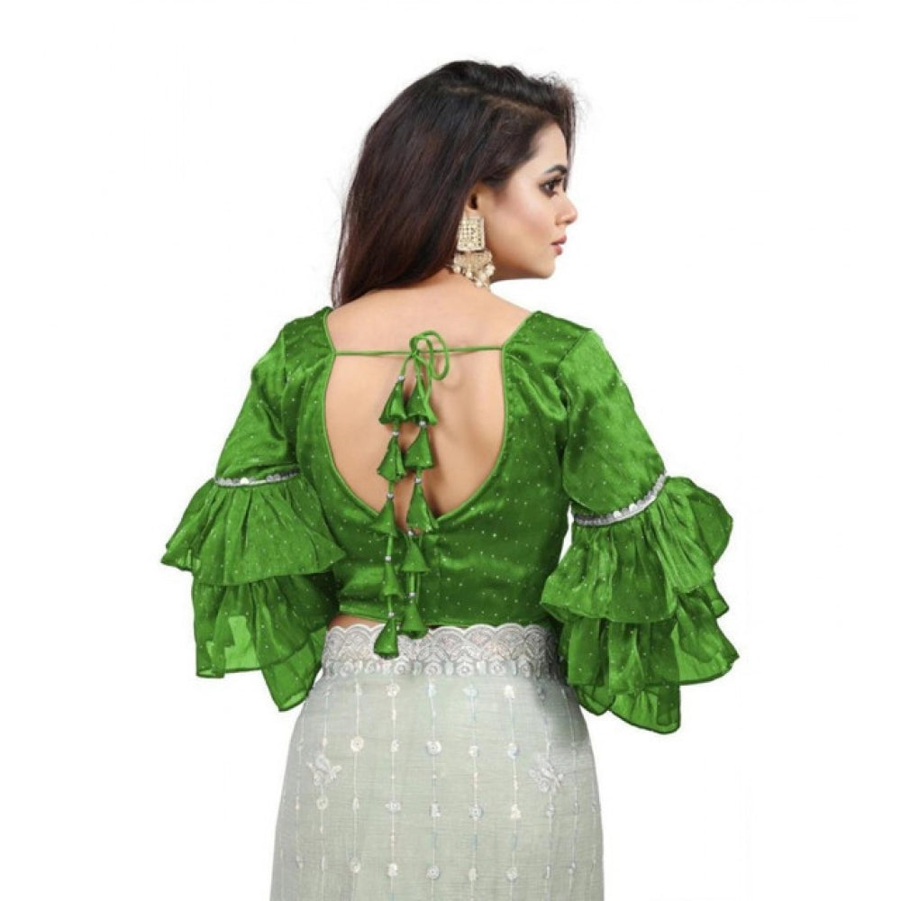 Amfyn Women's Organza Solid V Neck Layered Ruffle Sleeve Readymade Blouse (Light Green Free Size , up to 38–40 Bust)-PID65852