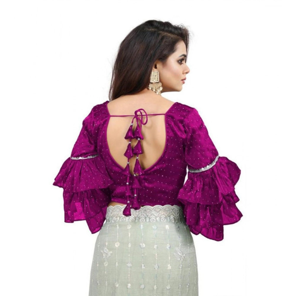 Amfyn Women's Organza Solid V Neck Layered Ruffle Sleeve Readymade Blouse (Magenta Free Size , up to 38–40 Bust)-PID65853