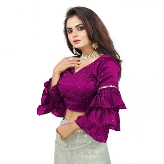 Amfyn Women's Organza Solid V Neck Layered Ruffle Sleeve Readymade Blouse (Magenta Free Size , up to 38–40 Bust)-PID65853