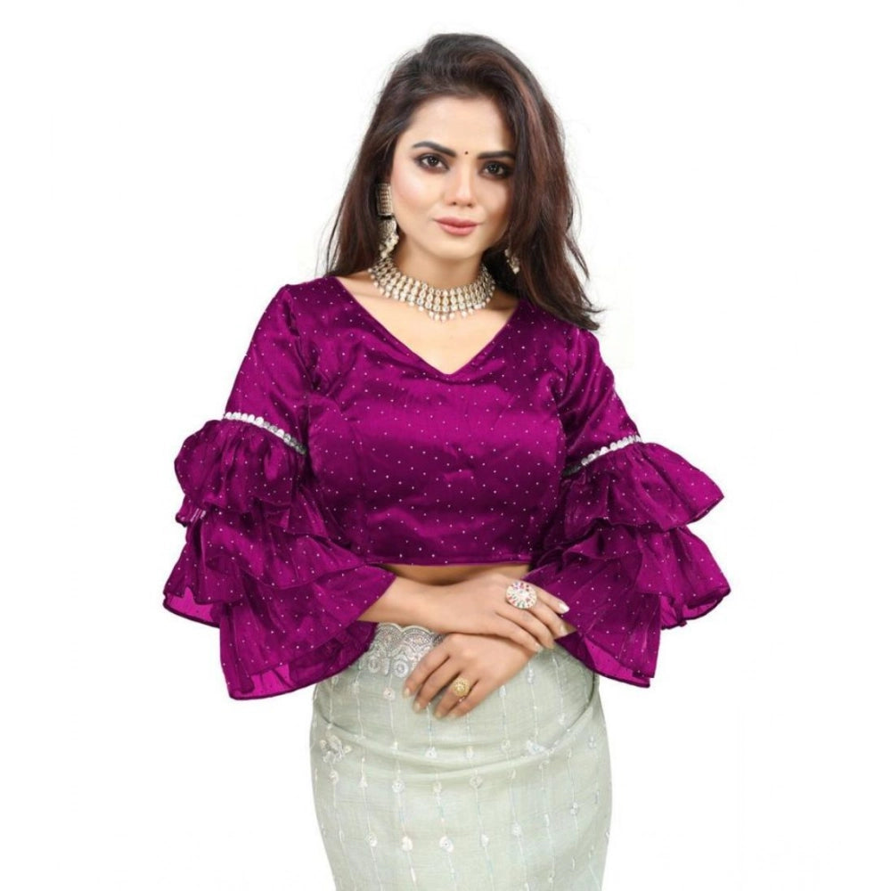 Amfyn Women's Organza Solid V Neck Layered Ruffle Sleeve Readymade Blouse (Magenta Free Size , up to 38–40 Bust)-PID65853