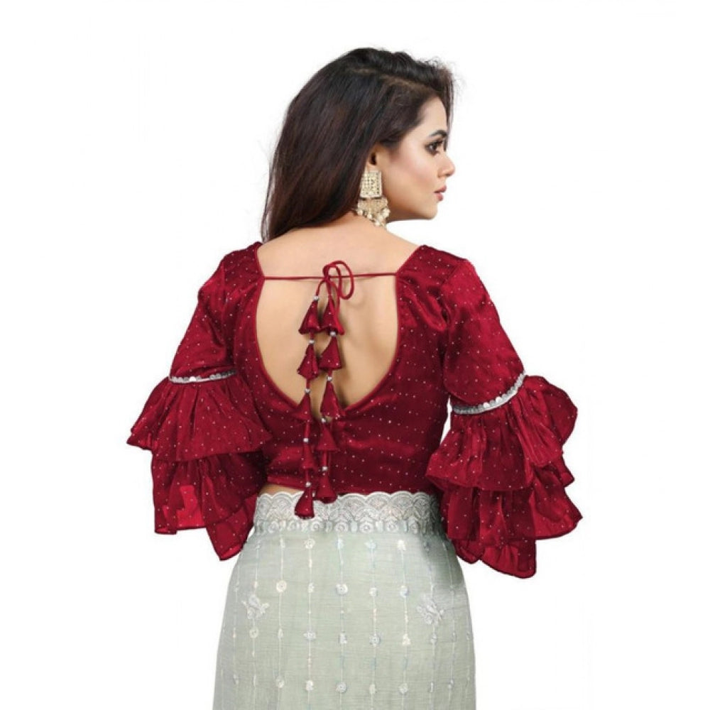 Amfyn Women's Organza Solid V Neck Layered Ruffle Sleeve Readymade Blouse (Maroon Free Size , up to 38–40 Bust)-PID65854