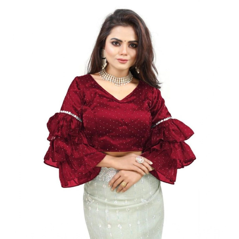 Amfyn Women's Organza Solid V Neck Layered Ruffle Sleeve Readymade Blouse (Maroon Free Size , up to 38–40 Bust)-PID65854