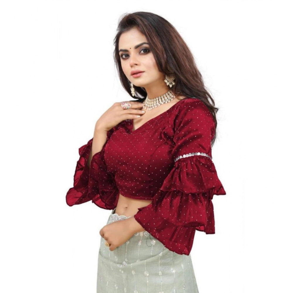 Amfyn Women's Organza Solid V Neck Layered Ruffle Sleeve Readymade Blouse (Maroon Free Size , up to 38–40 Bust)-PID65854