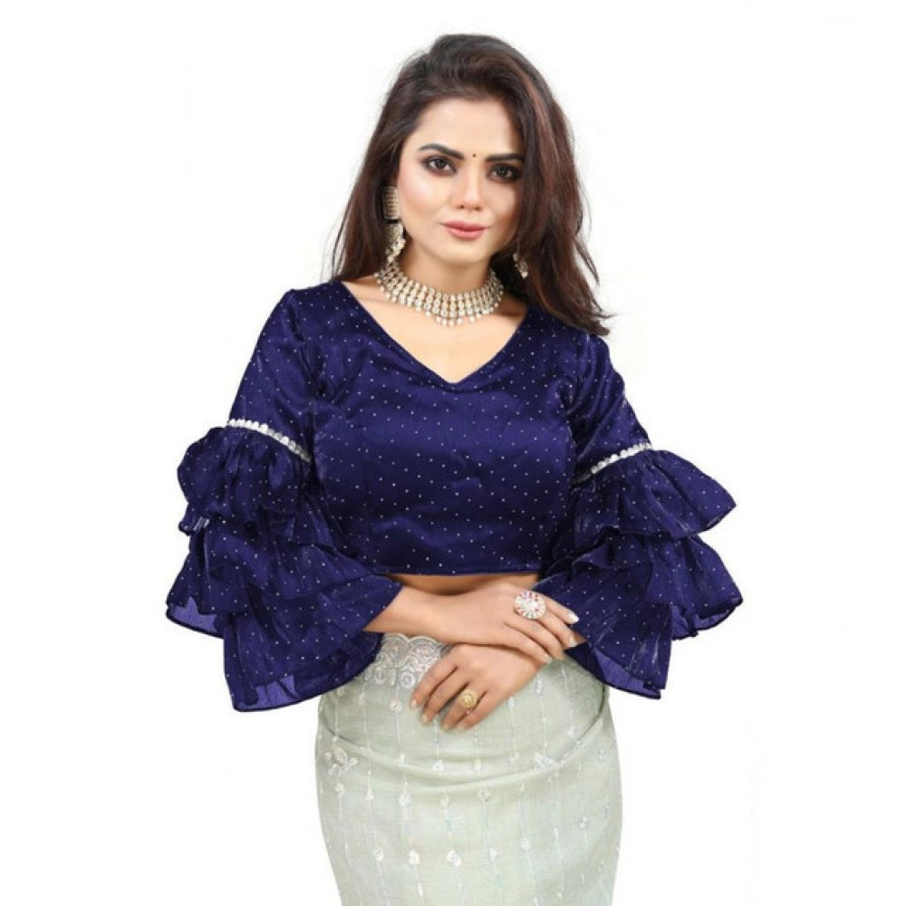 Amfyn Women's Organza Solid V Neck Layered Ruffle Sleeve Readymade Blouse (Navy Free Size , up to 38–40 Bust)-PID65855
