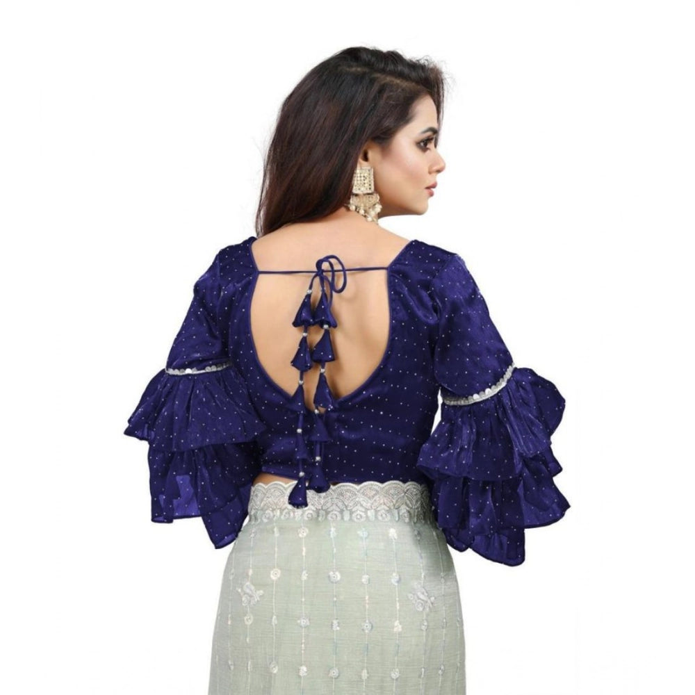 Amfyn Women's Organza Solid V Neck Layered Ruffle Sleeve Readymade Blouse (Navy Free Size , up to 38–40 Bust)-PID65855