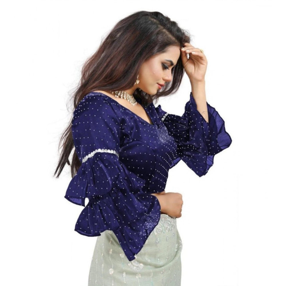 Amfyn Women's Organza Solid V Neck Layered Ruffle Sleeve Readymade Blouse (Navy Free Size , up to 38–40 Bust)-PID65855