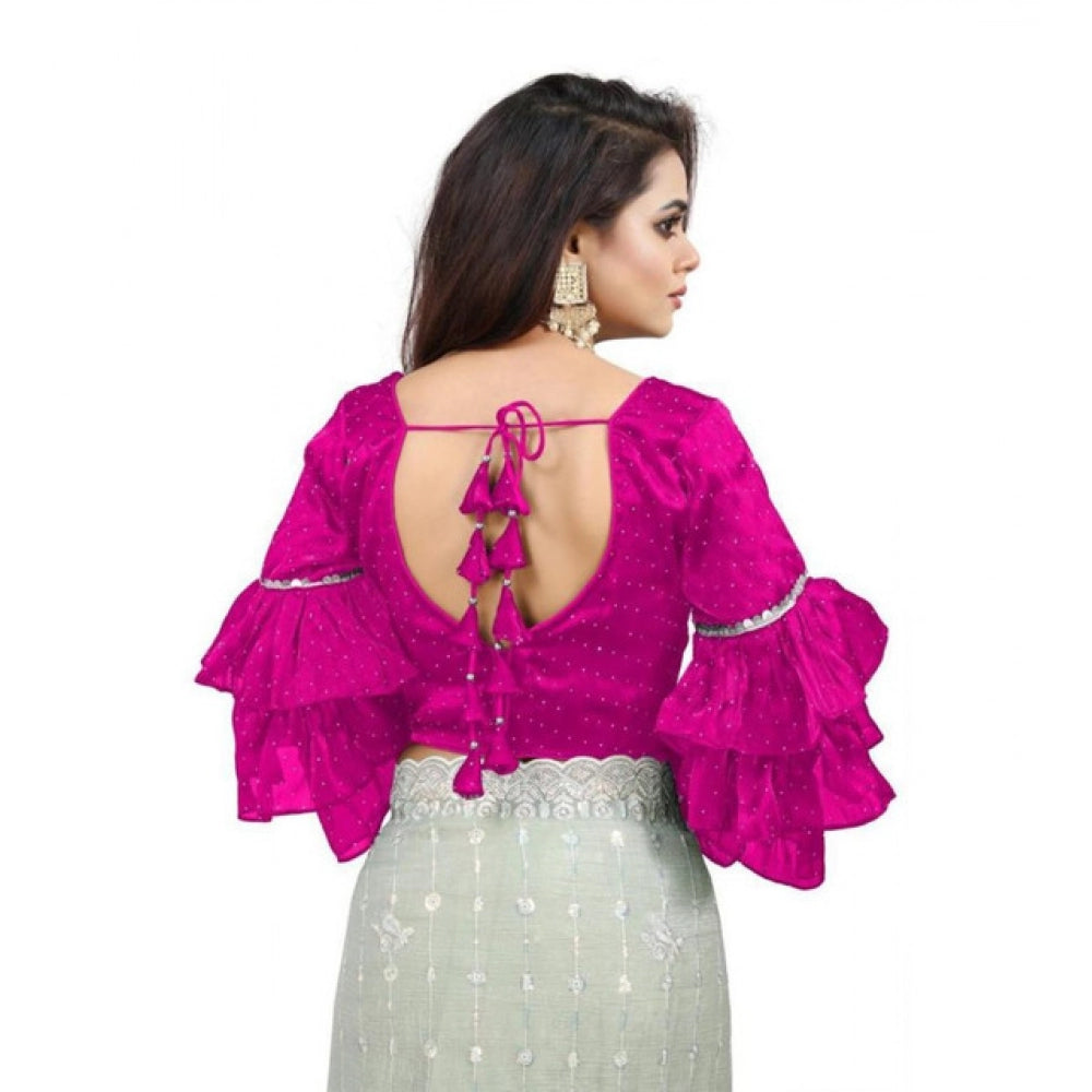 Amfyn Women's Organza Solid V Neck Layered Ruffle Sleeve Readymade Blouse (Pink Free Size , up to 38–40 Bust)-PID65856