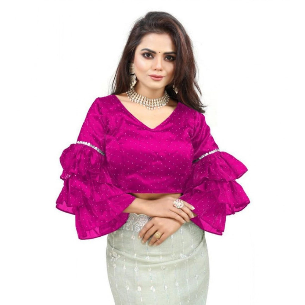 Amfyn Women's Organza Solid V Neck Layered Ruffle Sleeve Readymade Blouse (Pink Free Size , up to 38–40 Bust)-PID65856
