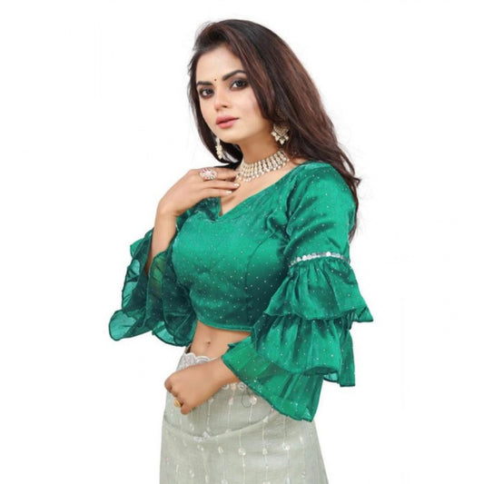 Amfyn Women's Organza Solid V Neck Layered Ruffle Sleeve Readymade Blouse (Rama Free Size , up to 38–40 Bust)-PID65857