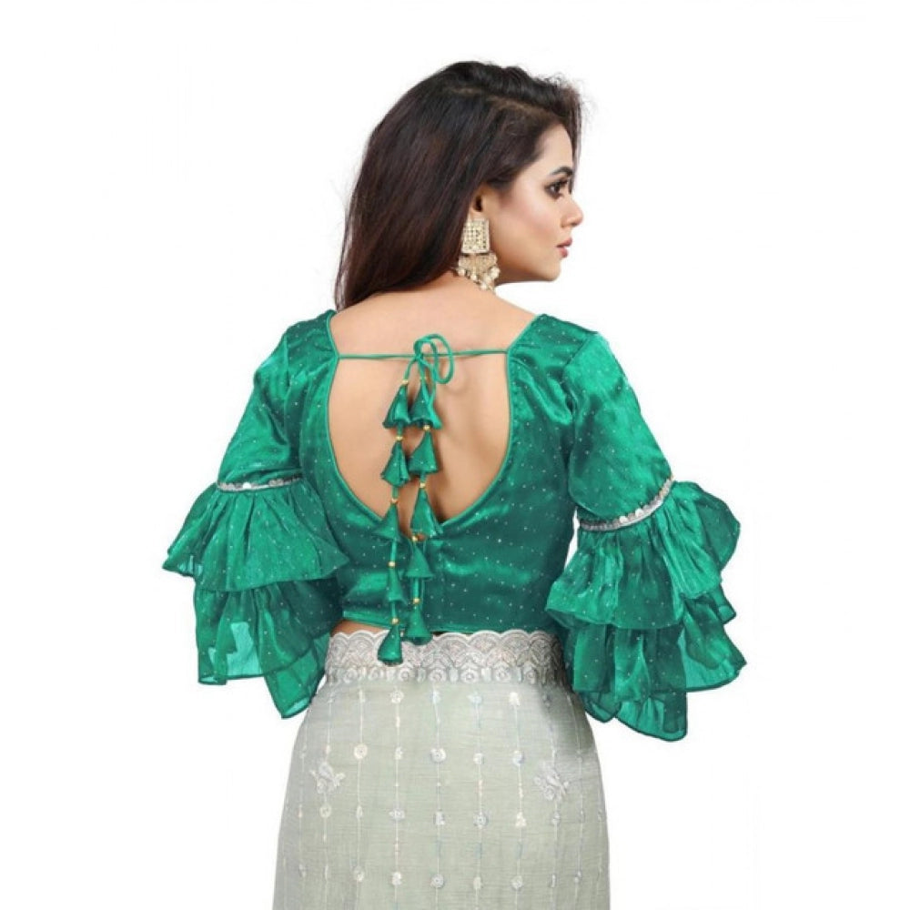 Amfyn Women's Organza Solid V Neck Layered Ruffle Sleeve Readymade Blouse (Rama Free Size , up to 38–40 Bust)-PID65857
