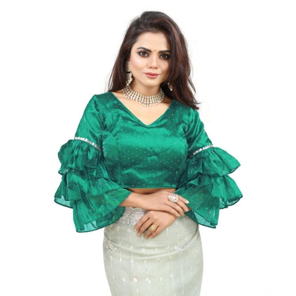 Amfyn Women's Organza Solid V Neck Layered Ruffle Sleeve Readymade Blouse (Rama Free Size , up to 38–40 Bust)-PID65857
