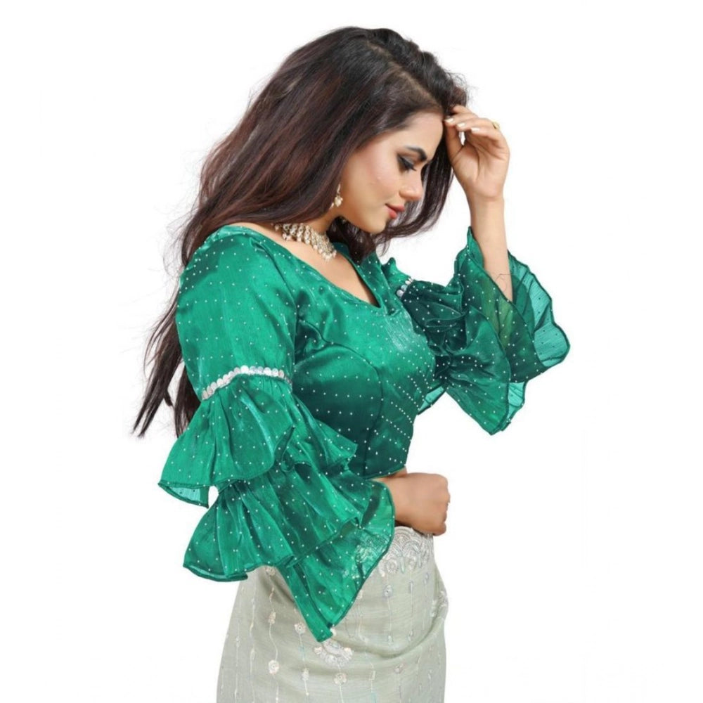 Amfyn Women's Organza Solid V Neck Layered Ruffle Sleeve Readymade Blouse (Rama Free Size , up to 38–40 Bust)-PID65857