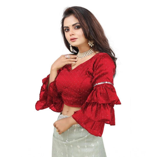 Amfyn Women's Organza Solid V Neck Layered Ruffle Sleeve Readymade Blouse (Red Free Size , up to 38–40 Bust)-PID65858