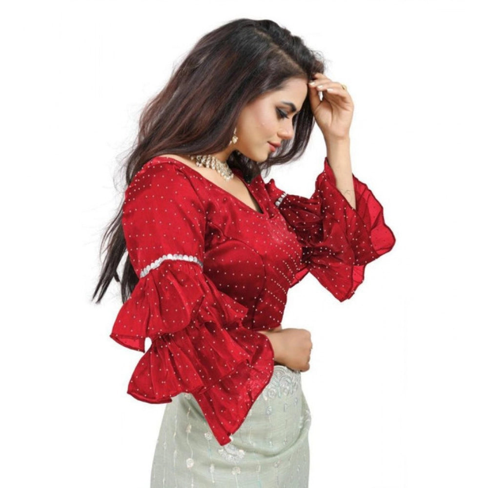 Amfyn Women's Organza Solid V Neck Layered Ruffle Sleeve Readymade Blouse (Red Free Size , up to 38–40 Bust)-PID65858