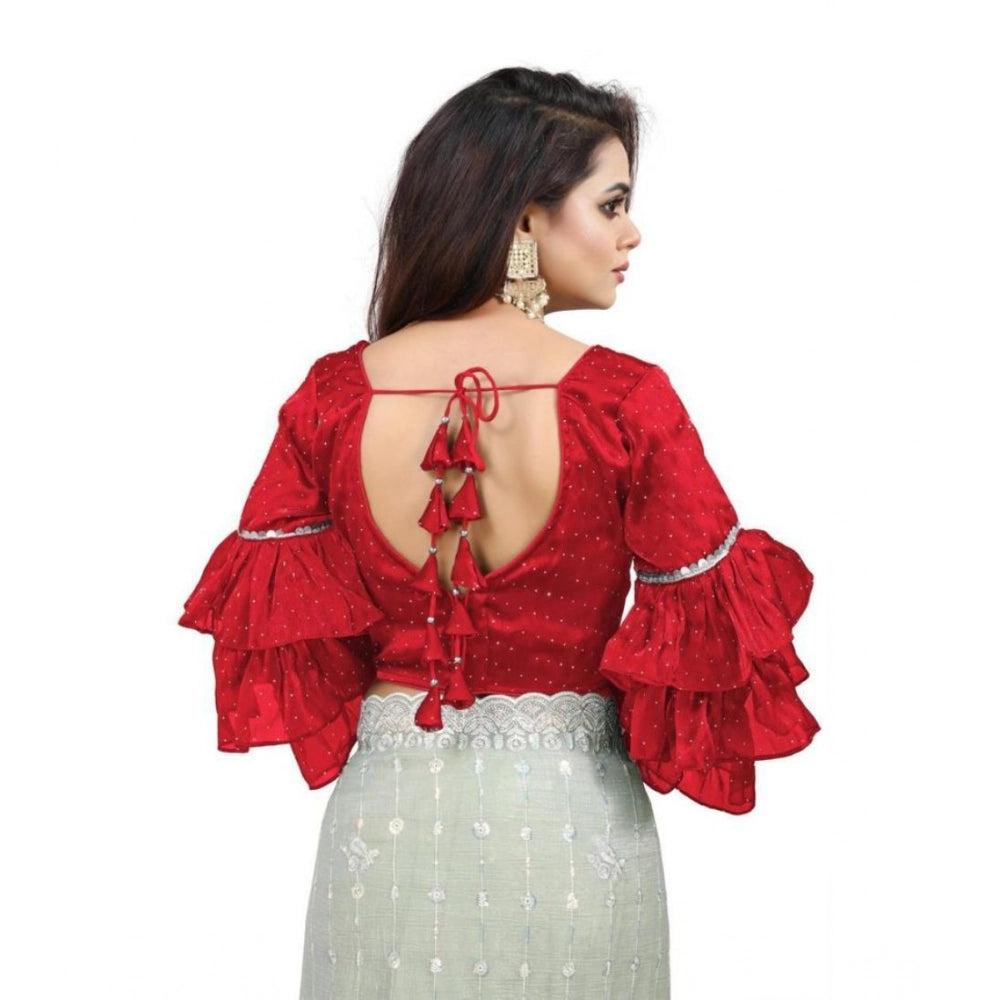 Amfyn Women's Organza Solid V Neck Layered Ruffle Sleeve Readymade Blouse (Red Free Size , up to 38–40 Bust)-PID65858