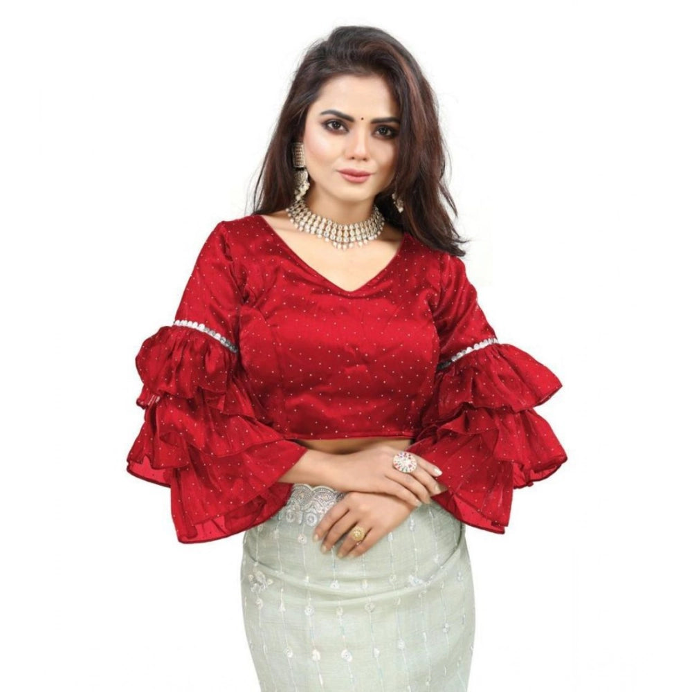 Amfyn Women's Organza Solid V Neck Layered Ruffle Sleeve Readymade Blouse (Red Free Size , up to 38–40 Bust)-PID65858