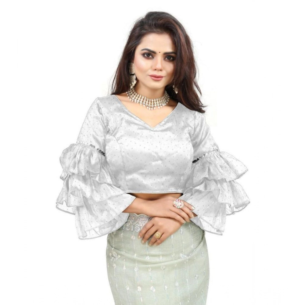 Amfyn Women's Organza Solid V Neck Layered Ruffle Sleeve Readymade Blouse (White Free Size , up to 38–40 Bust)-PID65859