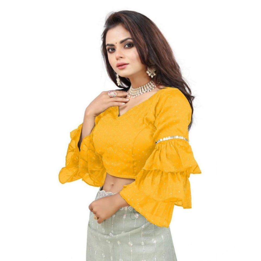 Amfyn Women's Organza Solid V Neck Layered Ruffle Sleeve Readymade Blouse (Yellow Free Size , up to 38–40 Bust)-PID65860