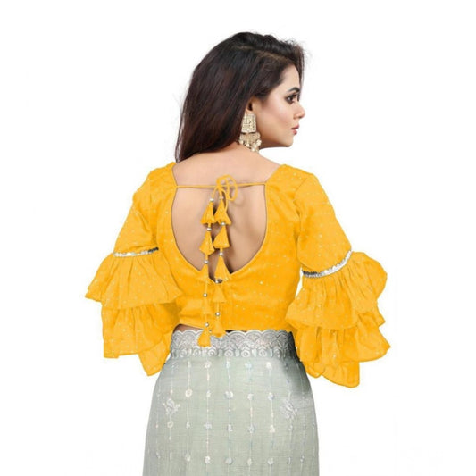 Amfyn Women's Organza Solid V Neck Layered Ruffle Sleeve Readymade Blouse (Yellow Free Size , up to 38–40 Bust)-PID65860