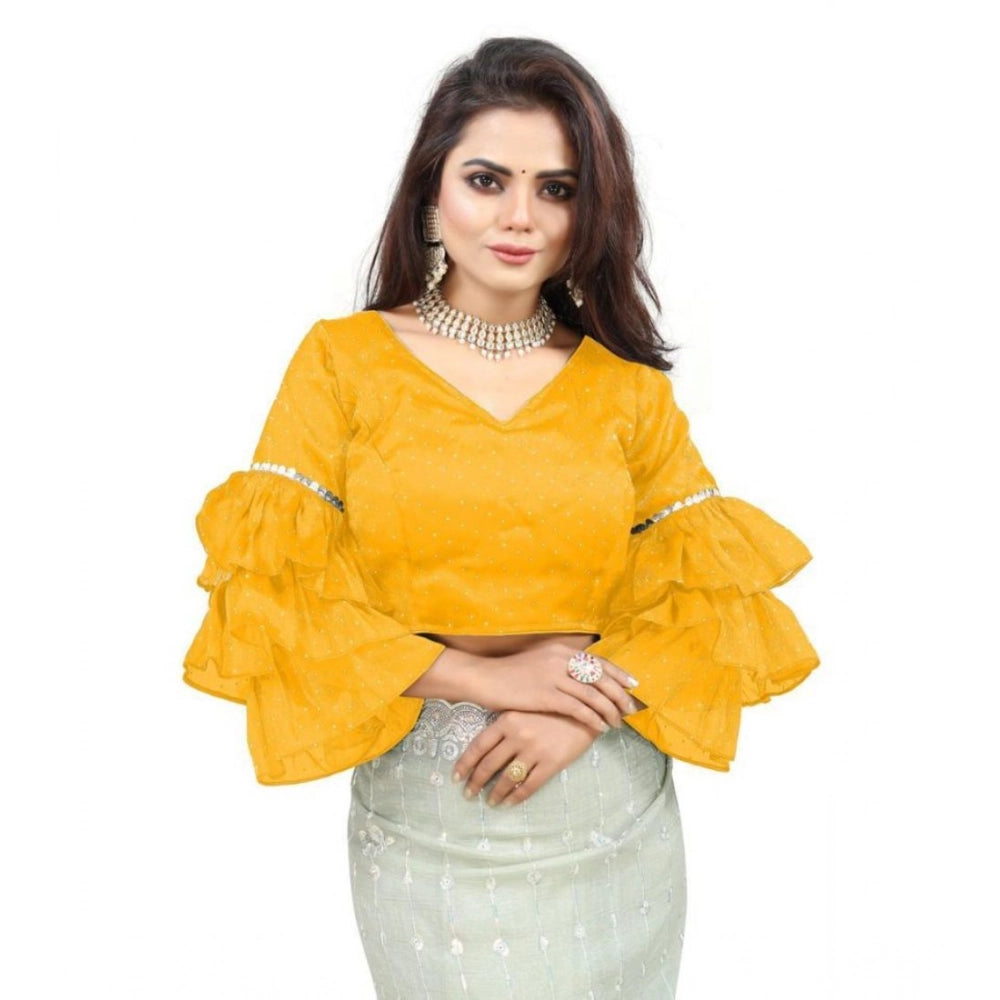 Amfyn Women's Organza Solid V Neck Layered Ruffle Sleeve Readymade Blouse (Yellow Free Size , up to 38–40 Bust)-PID65860