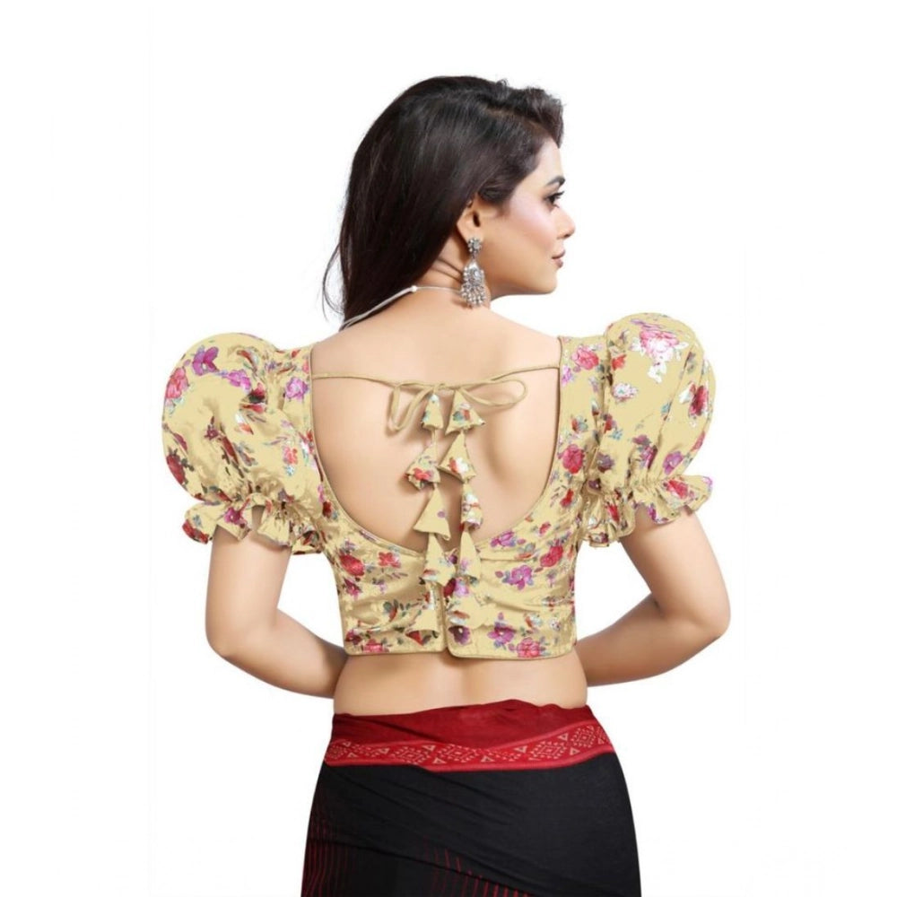 Amfyn Women's Organza Printed V Neck Puff Sleeve Readymade Blouse (Beige 38 , Alterable up to 42)-PID65861