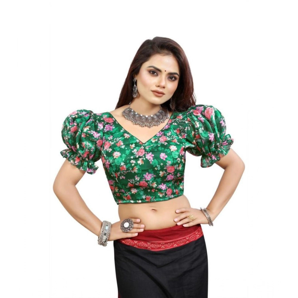 Amfyn Women's Organza Printed V Neck Puff Sleeve Readymade Blouse (Green 38 , Alterable up to 42)-PID65863