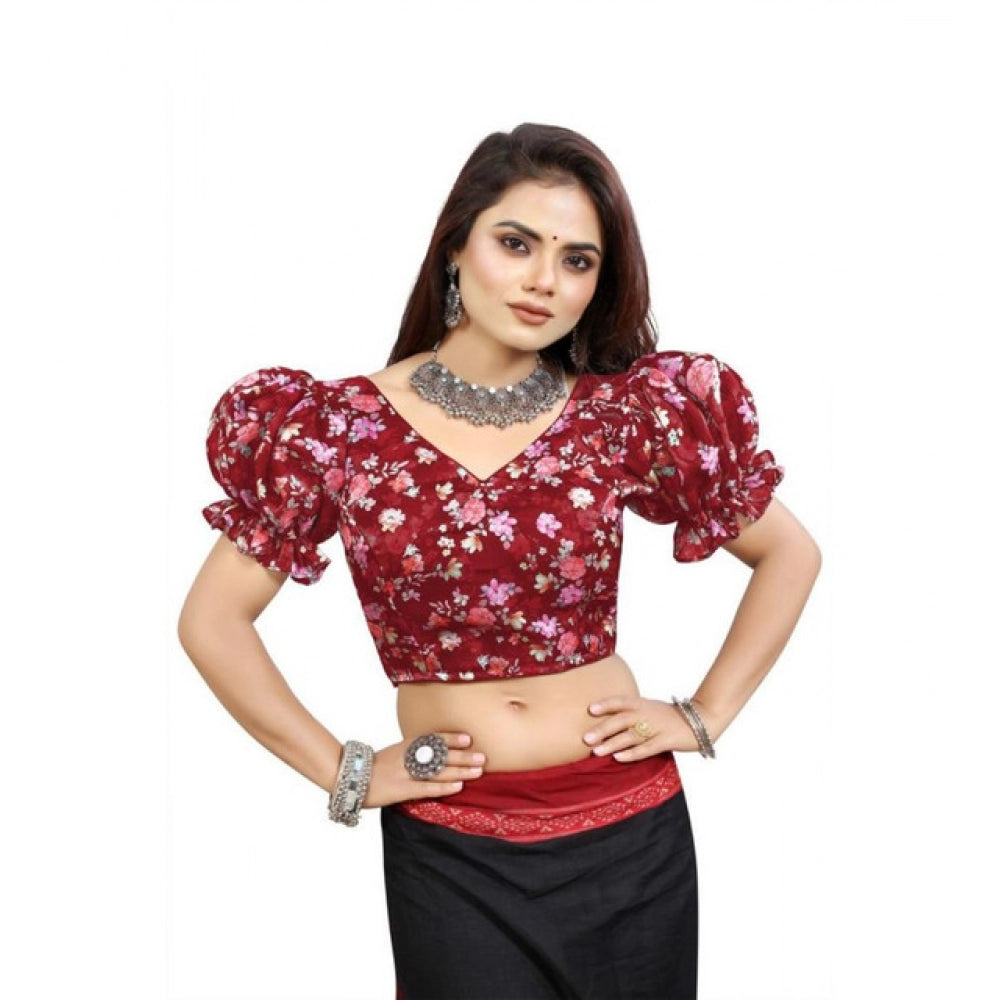 Amfyn Women's Organza Printed V Neck Puff Sleeve Readymade Blouse (Maroon 38 , Alterable up to 42)-PID65866