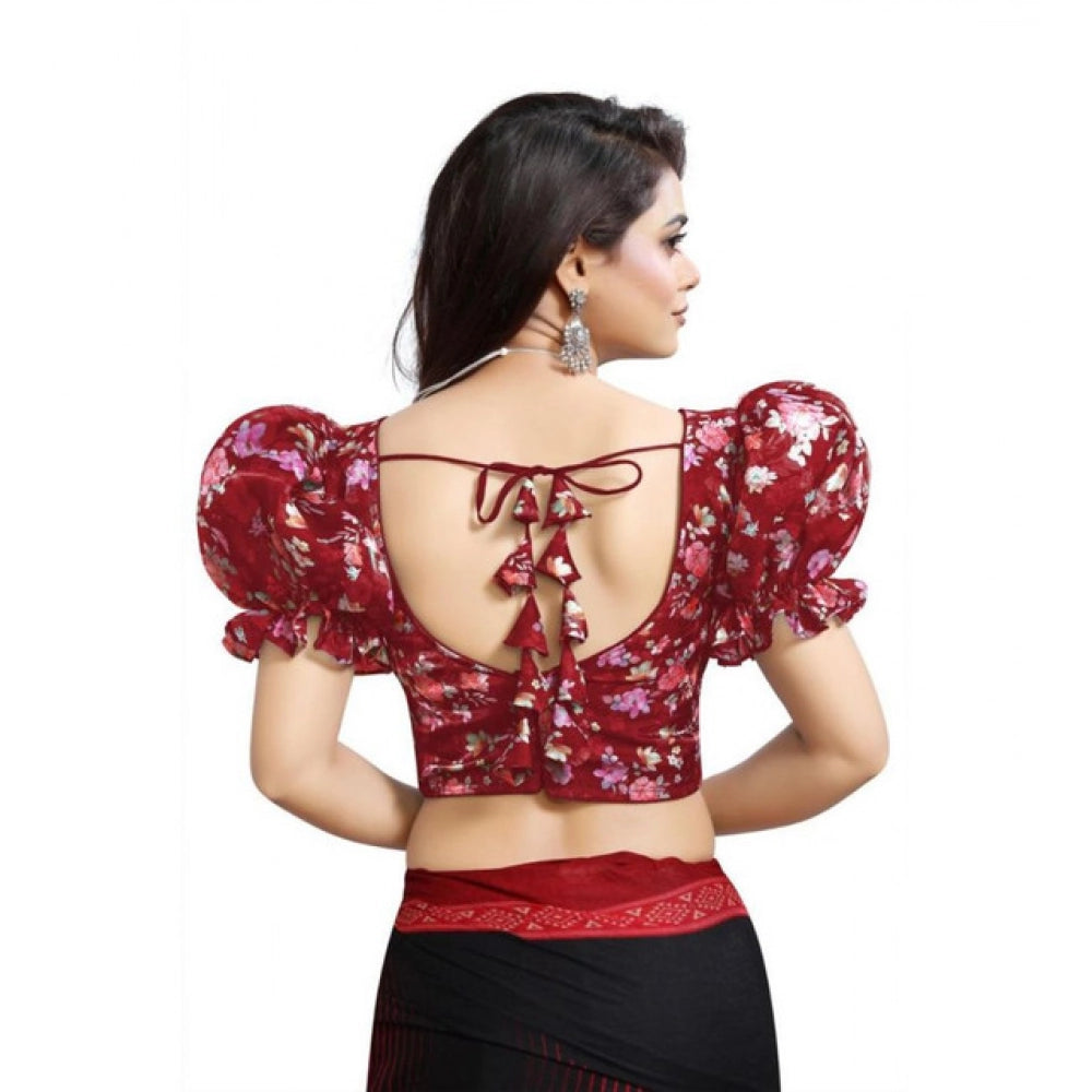 Amfyn Women's Organza Printed V Neck Puff Sleeve Readymade Blouse (Maroon 38 , Alterable up to 42)-PID65866