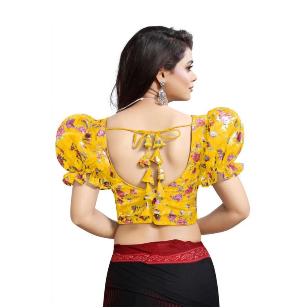 Amfyn Women's Organza Printed V Neck Puff Sleeve Readymade Blouse (Mustard 38 , Alterable up to 42)-PID65867