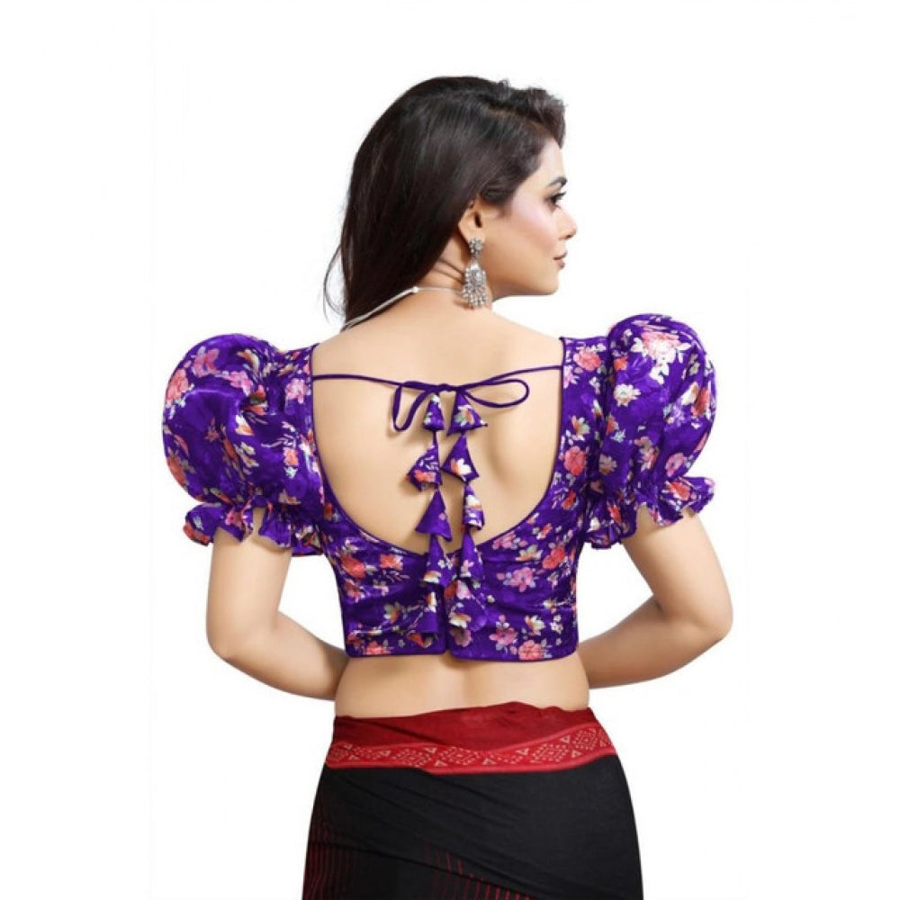Amfyn Women's Organza Printed V Neck Puff Sleeve Readymade Blouse (Purple 38 , Alterable up to 42)-PID65870