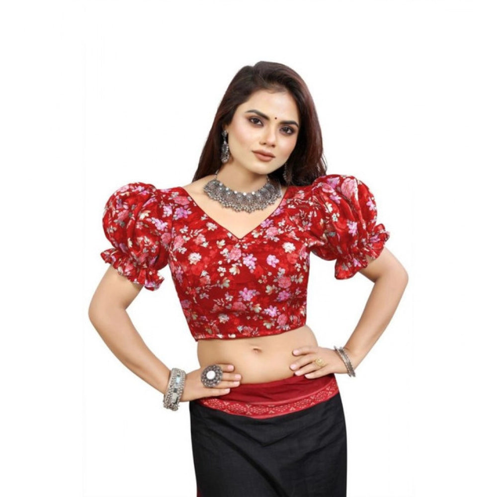 Amfyn Women's Organza Printed V Neck Puff Sleeve Readymade Blouse (Red 38 , Alterable up to 42)-PID65871