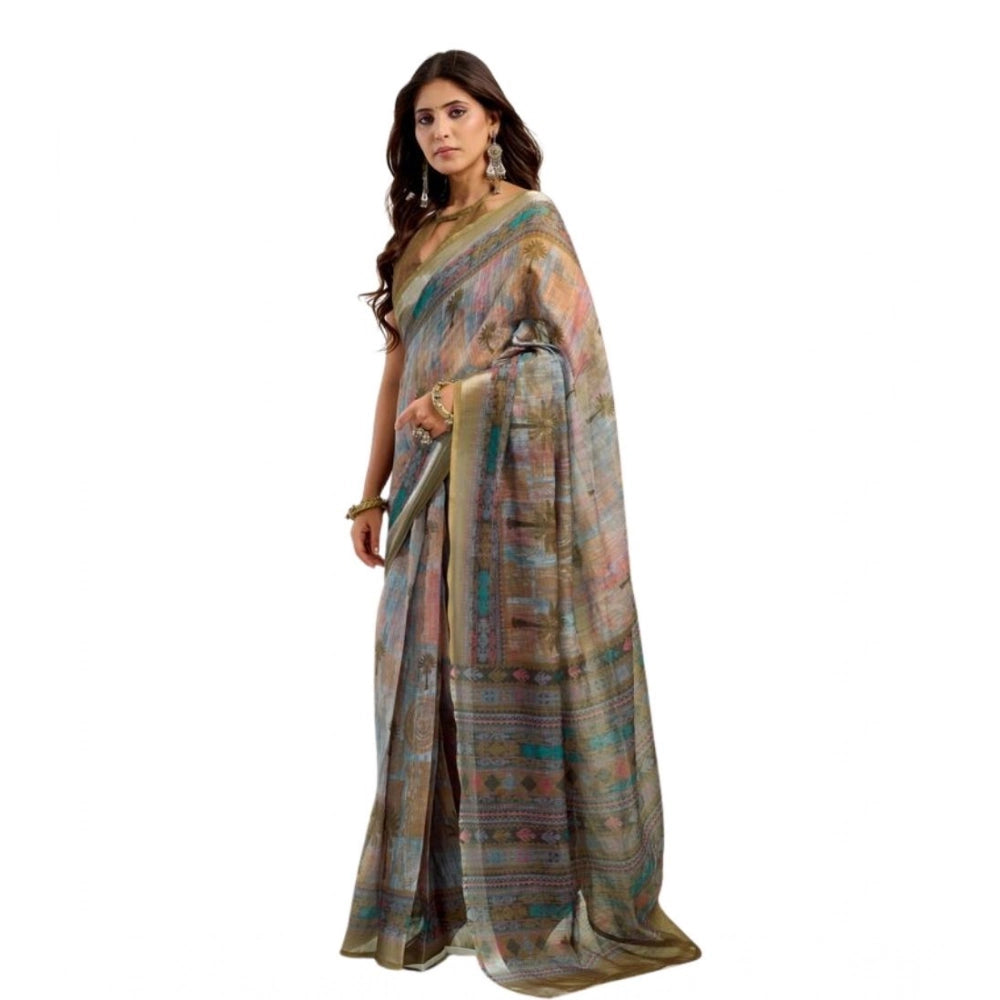 Amfyn Women's Faux Linen Printed Ready to wear Saree With Unstitched Blouse 5.5Mtr (Multicolor)