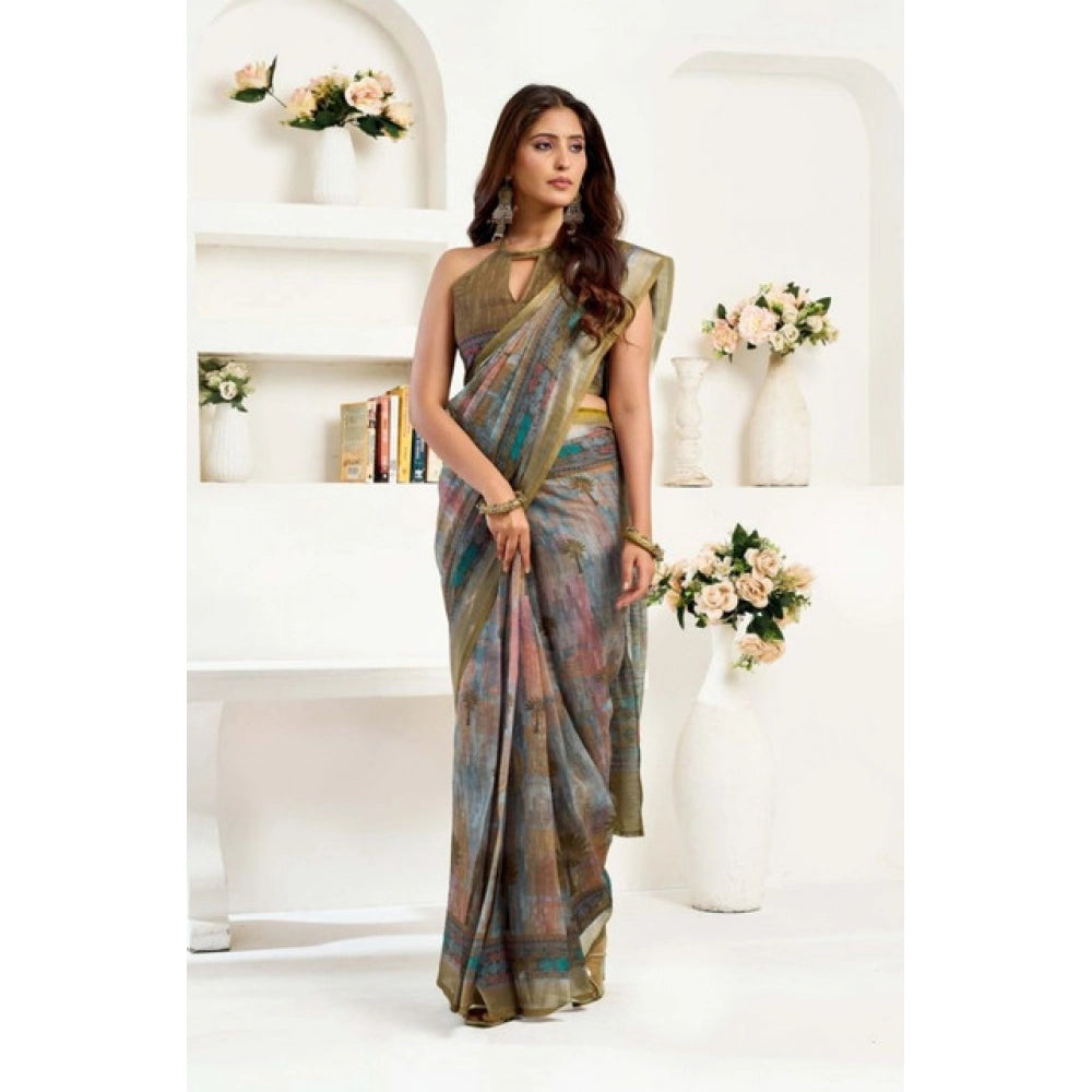 Amfyn Women's Faux Linen Printed Ready to wear Saree With Unstitched Blouse 5.5Mtr (Multicolor)