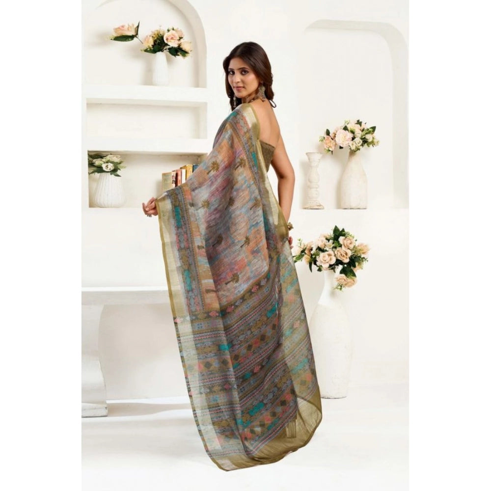 Amfyn Women's Faux Linen Printed Ready to wear Saree With Unstitched Blouse 5.5Mtr (Multicolor)