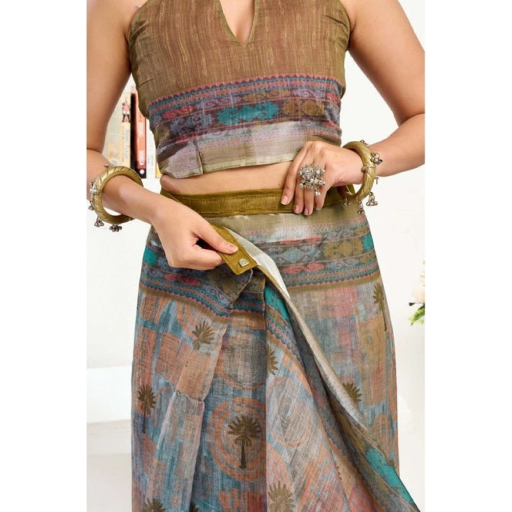 Amfyn Women's Faux Linen Printed Ready to wear Saree With Unstitched Blouse 5.5Mtr (Multicolor)