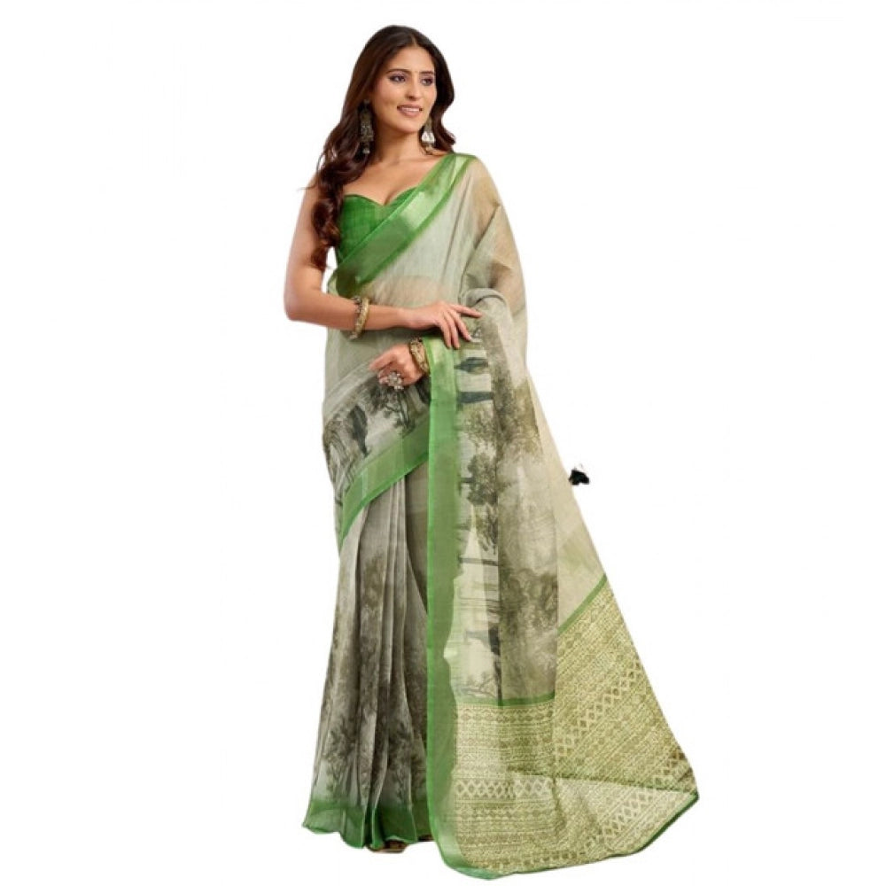 Amfyn Women's Faux Linen Printed Ready to wear Saree With Unstitched Blouse 5.5Mtr (Light_Green)