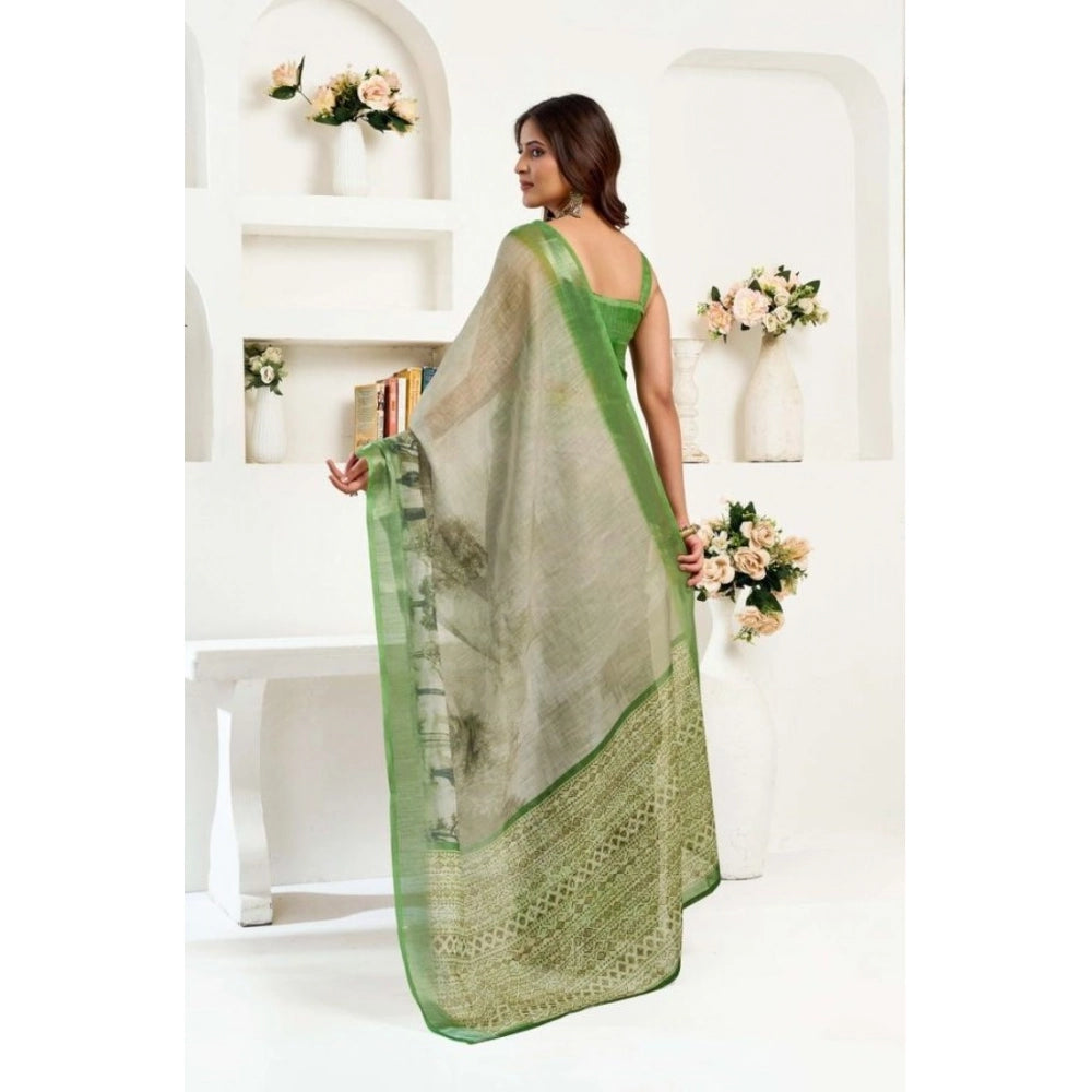 Amfyn Women's Faux Linen Printed Ready to wear Saree With Unstitched Blouse 5.5Mtr (Light_Green)