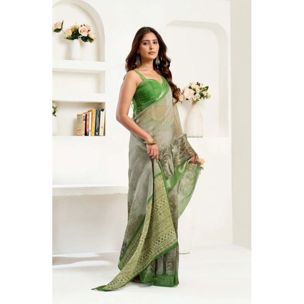 Amfyn Women's Faux Linen Printed Ready to wear Saree With Unstitched Blouse 5.5Mtr (Light_Green)