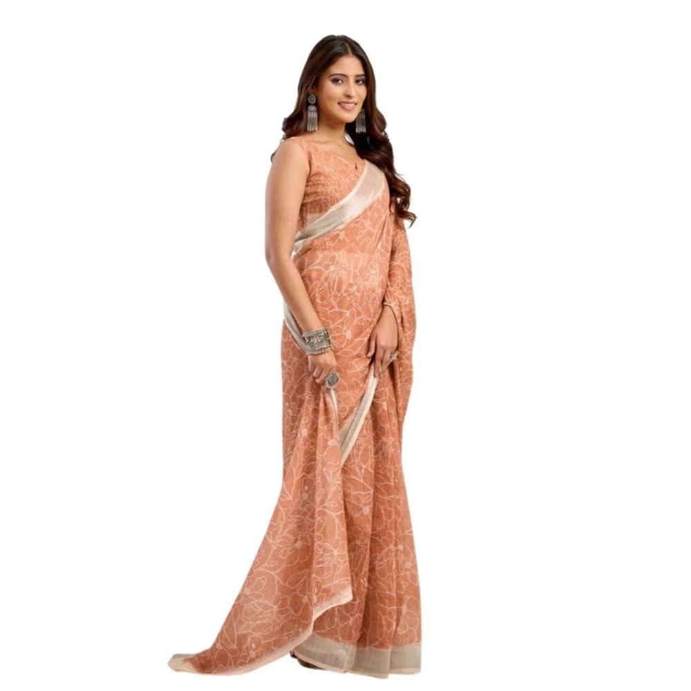 Amfyn Women's Faux Linen Floral Print Ready to wear Saree With Unstitched Blouse 5.5Mtr (Peach)