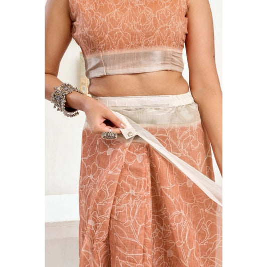 Amfyn Women's Faux Linen Floral Print Ready to wear Saree With Unstitched Blouse 5.5Mtr (Peach)