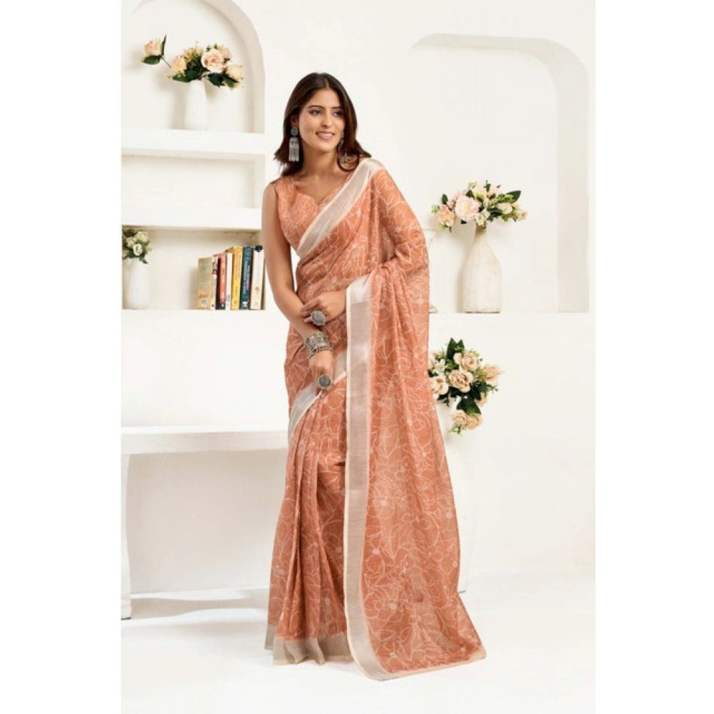 Amfyn Women's Faux Linen Floral Print Ready to wear Saree With Unstitched Blouse 5.5Mtr (Peach)