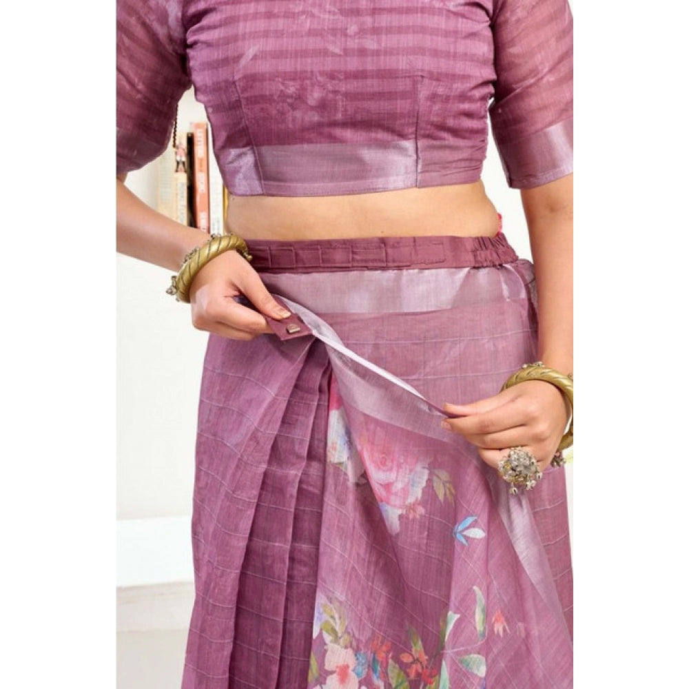 Amfyn Women's Faux Linen Floral Print Ready to wear Saree With Unstitched Blouse 5.5Mtr (Pink)