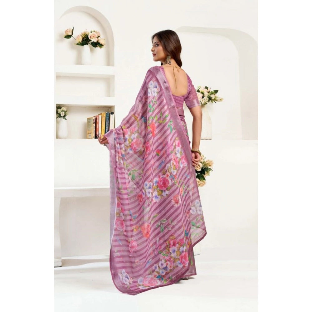 Amfyn Women's Faux Linen Floral Print Ready to wear Saree With Unstitched Blouse 5.5Mtr (Pink)