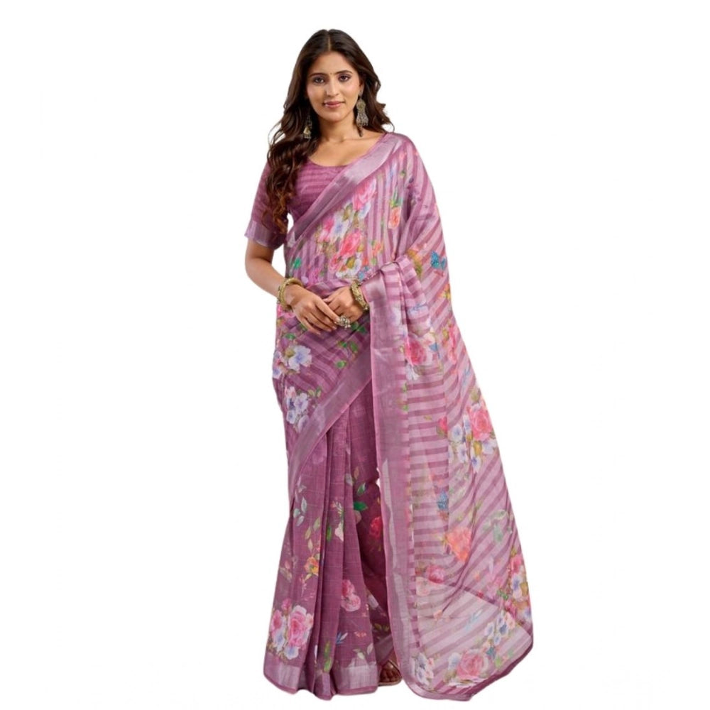 Amfyn Women's Faux Linen Floral Print Ready to wear Saree With Unstitched Blouse 5.5Mtr (Pink)