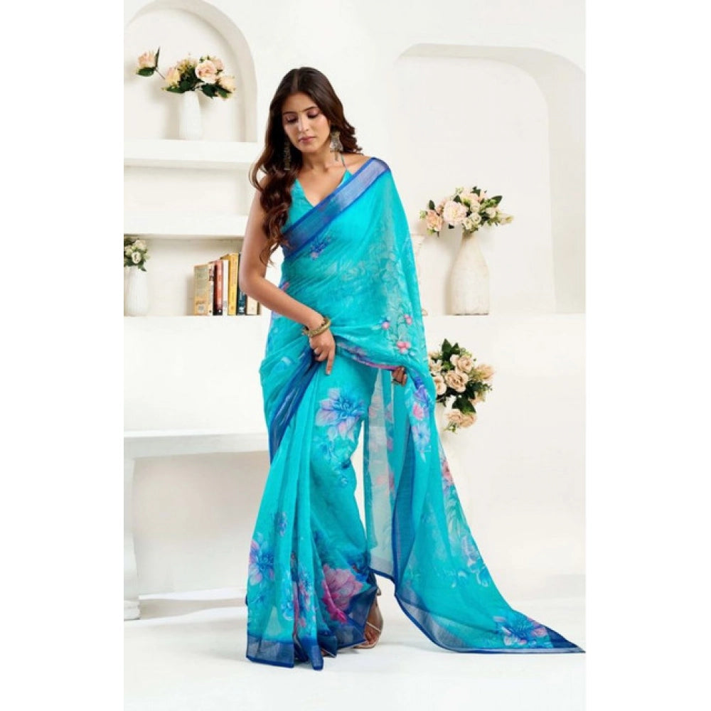 Amfyn Women's Faux Linen Floral Print Ready to wear Saree With Unstitched Blouse 5.5Mtr (Light_AquaBlue)