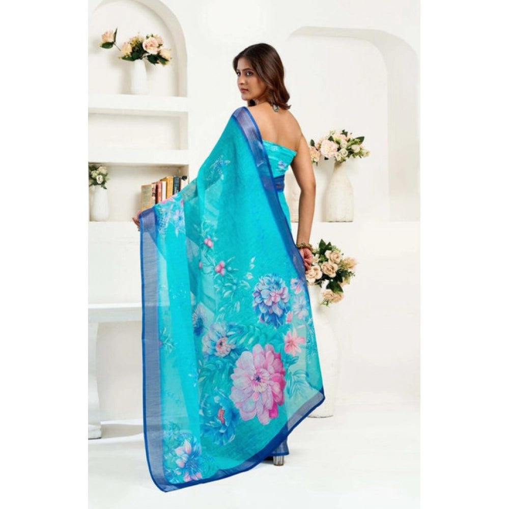 Amfyn Women's Faux Linen Floral Print Ready to wear Saree With Unstitched Blouse 5.5Mtr (Light_AquaBlue)