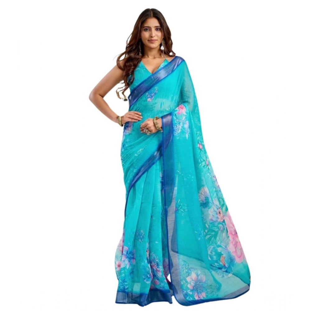 Amfyn Women's Faux Linen Floral Print Ready to wear Saree With Unstitched Blouse 5.5Mtr (Light_AquaBlue)